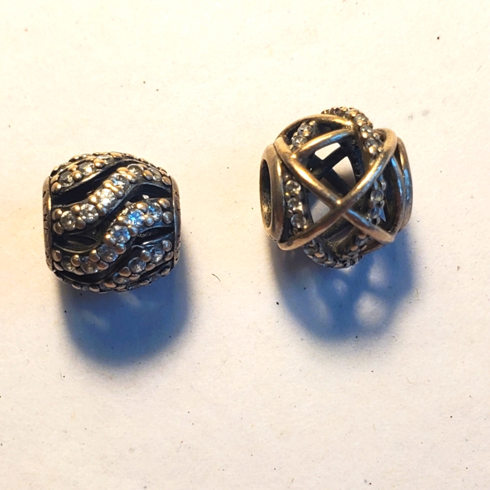 2 Sterling Silver Pandora Charms with Cubic Zarconia Stones